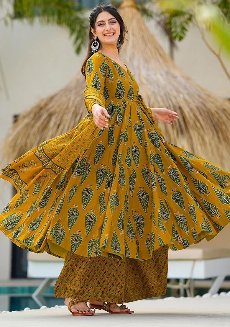 Yellow Digital Printed Maslin Anarkali Dress