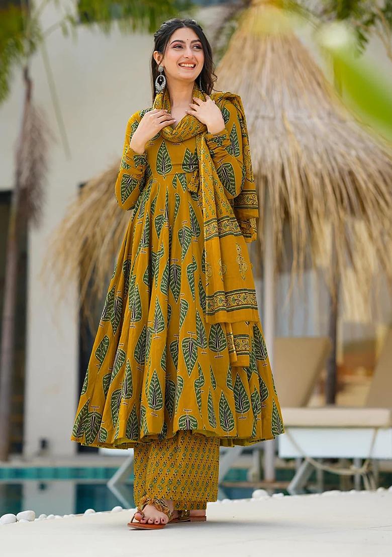 Yellow Digital Printed Maslin Anarkali Dress