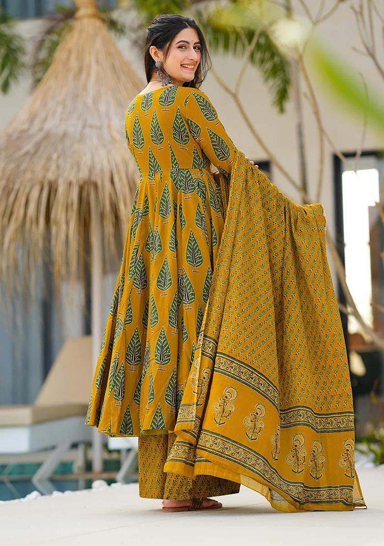 Yellow Digital Printed Maslin Anarkali Dress