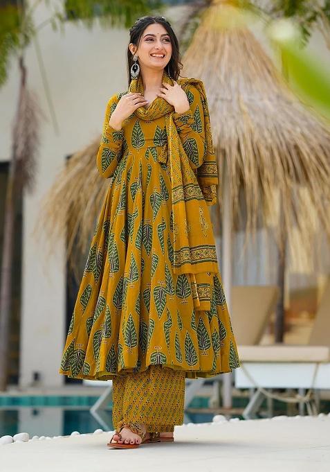 Yellow Digital Printed Maslin Anarkali Dress
