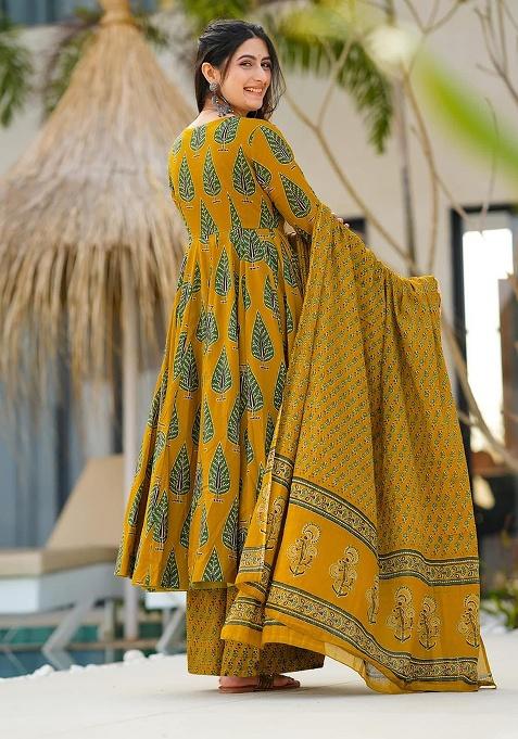 Yellow Digital Printed Maslin Anarkali Dress
