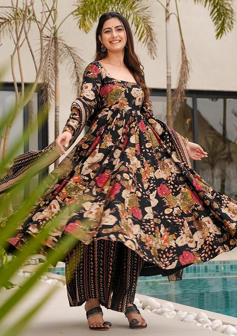 Black Digital Printed Cotton Anarkali Dress
