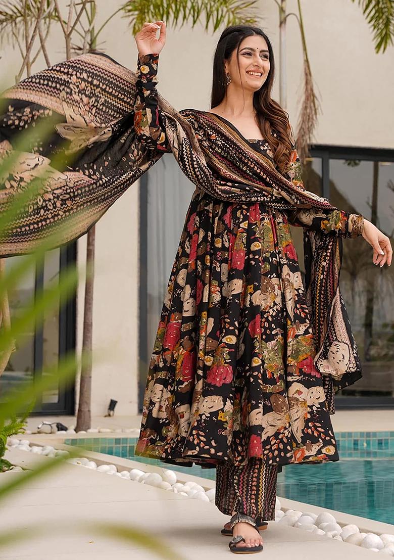 Black Digital Printed Cotton Anarkali Dress