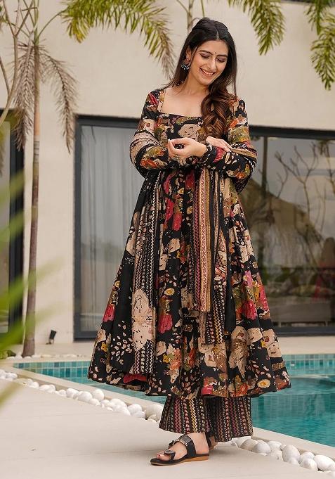 Black Digital Printed Cotton Anarkali Dress