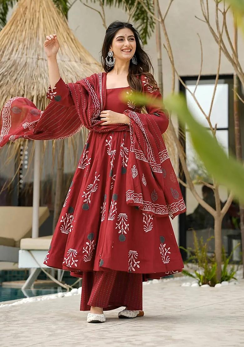 Maroon Digital Printed Cotton Anarkali Dress