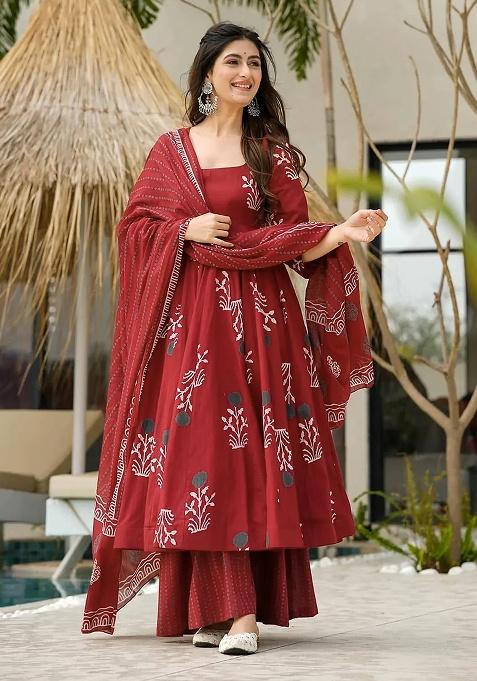 Maroon Digital Printed Cotton Anarkali Dress