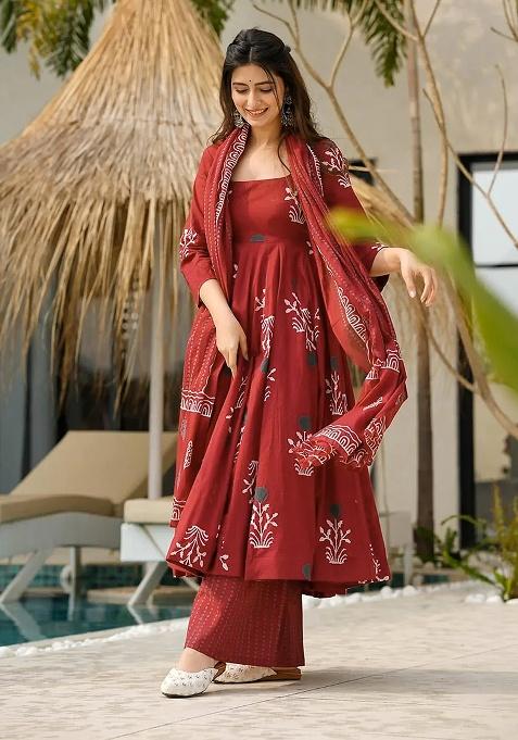 Maroon Digital Printed Cotton Anarkali Dress