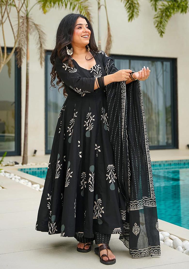 Black Digital Printed Cotton Anarkali Dress