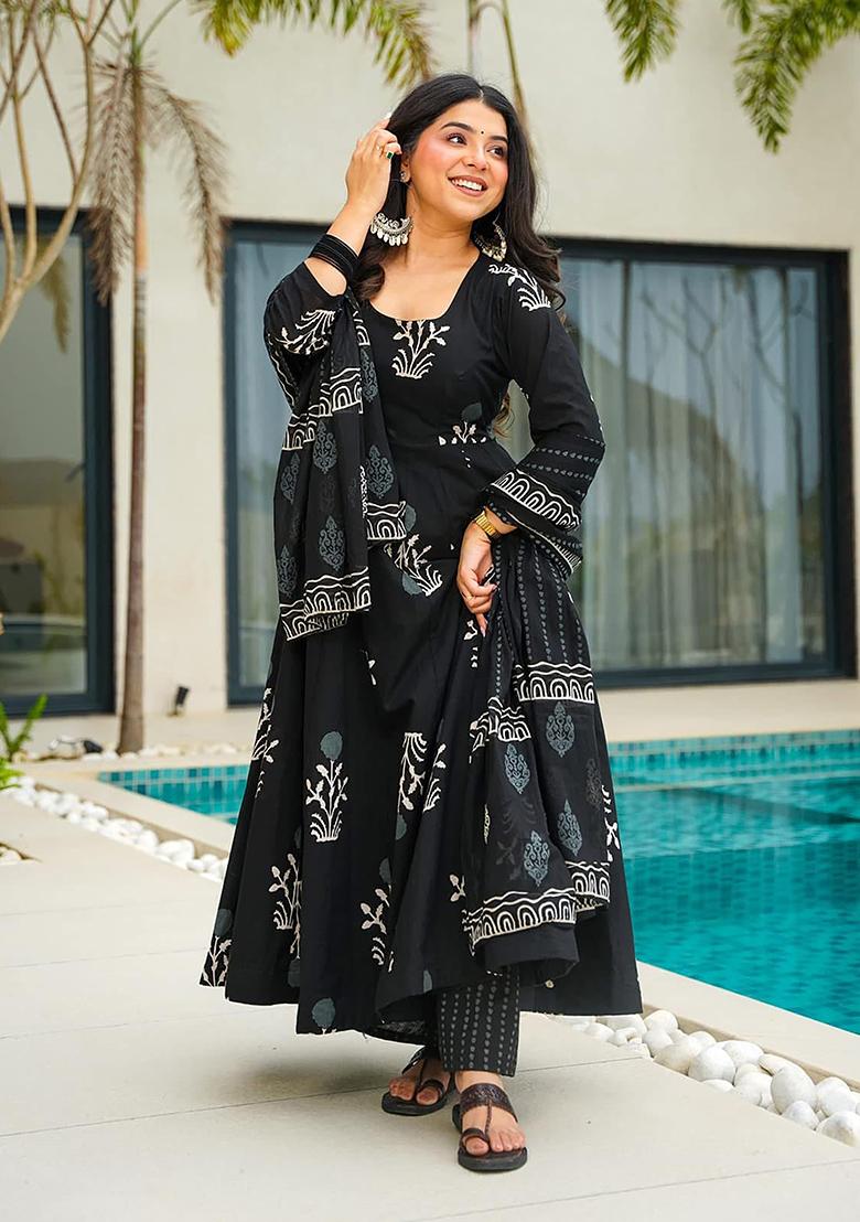 Black Digital Printed Cotton Anarkali Dress