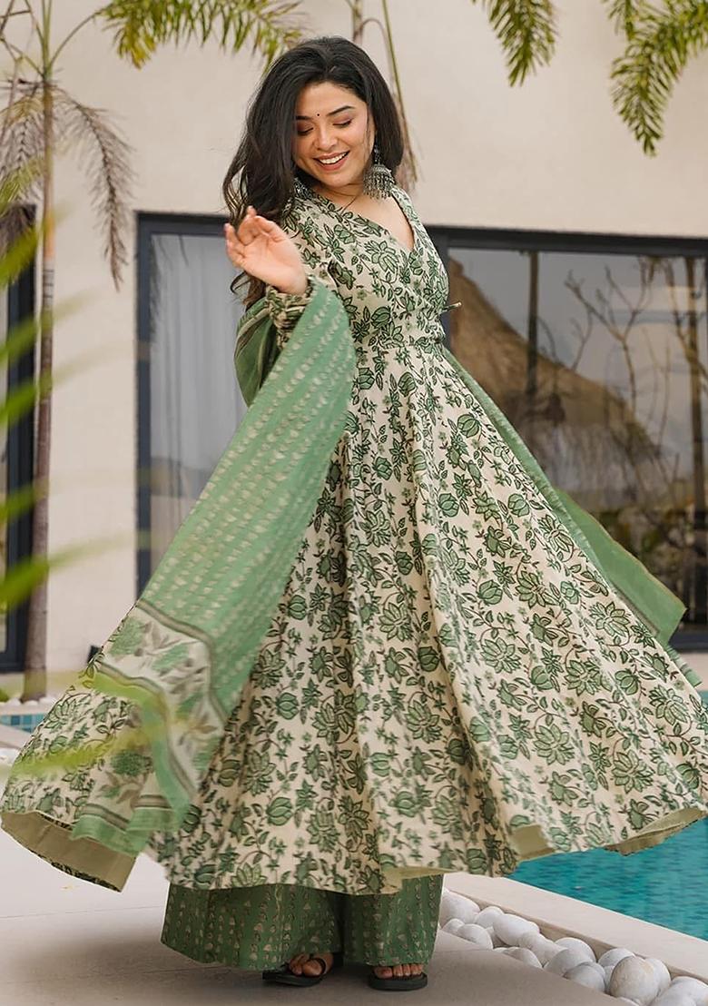 Green Digital Printed Cotton Anarkali Dress