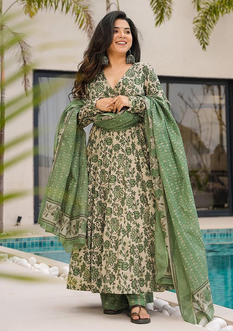 Green Digital Printed Cotton Anarkali Dress
