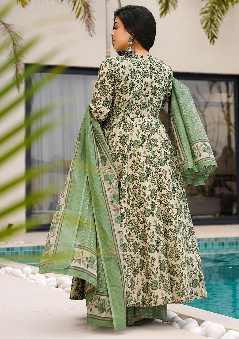 Green Digital Printed Cotton Anarkali Dress
