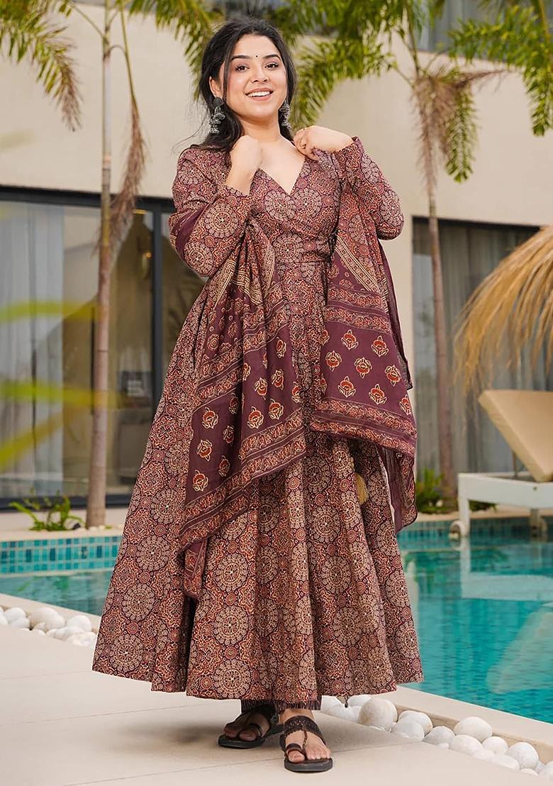 Maroon Digital Printed Cotton Anarkali Dress