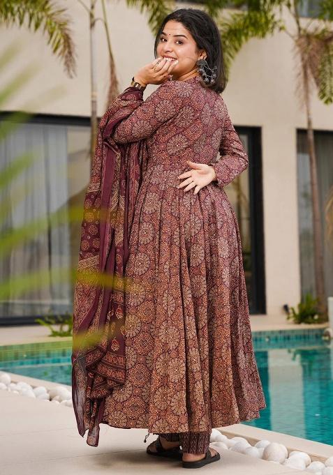 Maroon Digital Printed Cotton Anarkali Dress