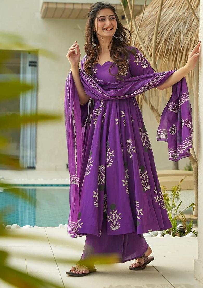 Purple Digital Printed Cotton Anarkali Dress