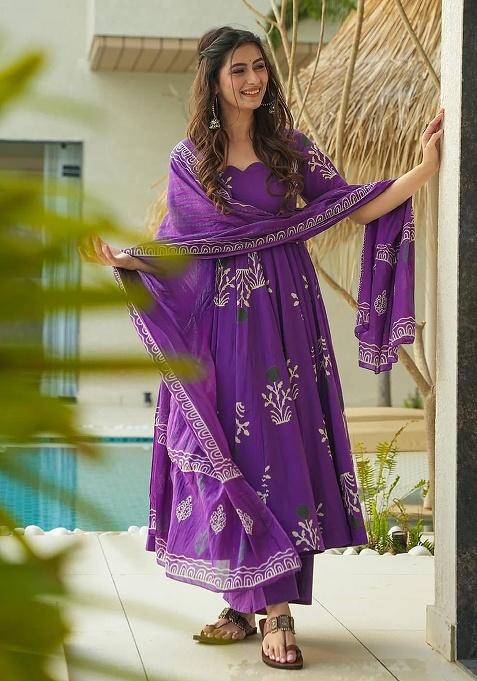 Purple Digital Printed Cotton Anarkali Dress
