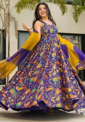 Purple Digital Printed Silk Anarkali Dress With Dupatta