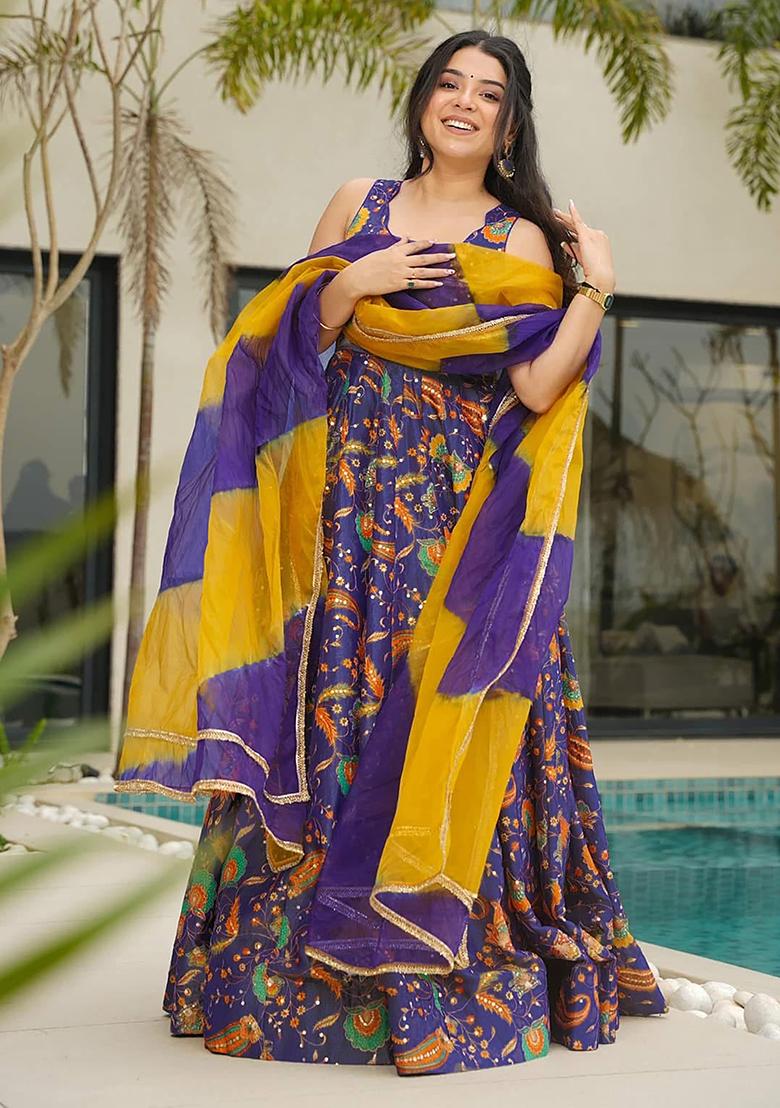 Purple Digital Printed Silk Anarkali Dress With Dupatta