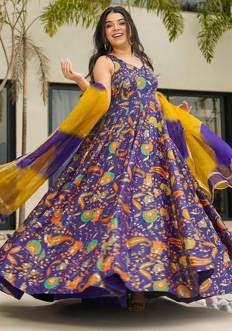 Purple Digital Printed Silk Anarkali Dress With Dupatta