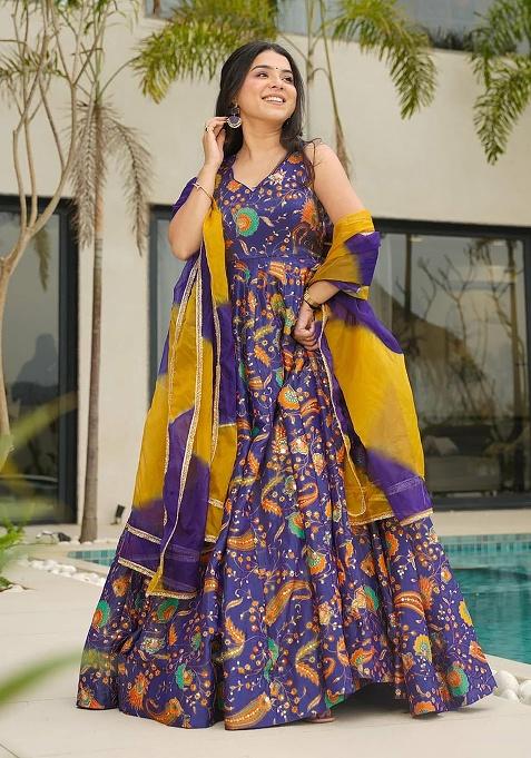 Purple Digital Printed Silk Anarkali Dress With Dupatta
