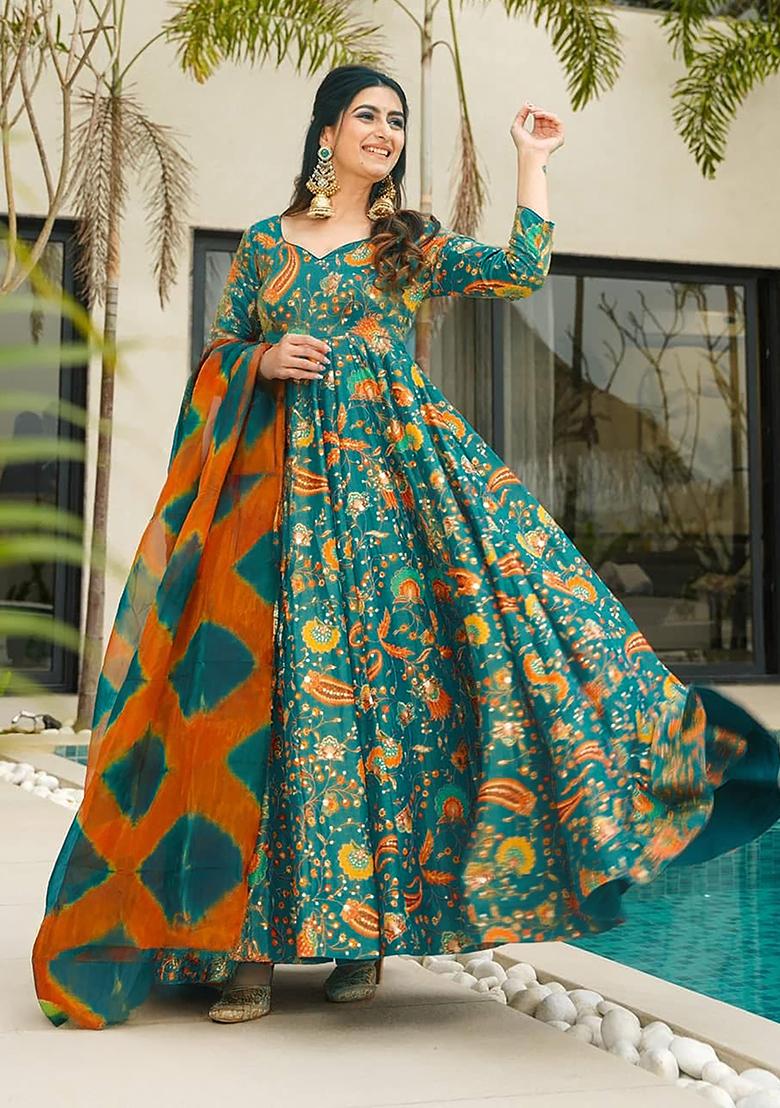 Green Digital Printed Silk Anarkali Dress With Dupatta