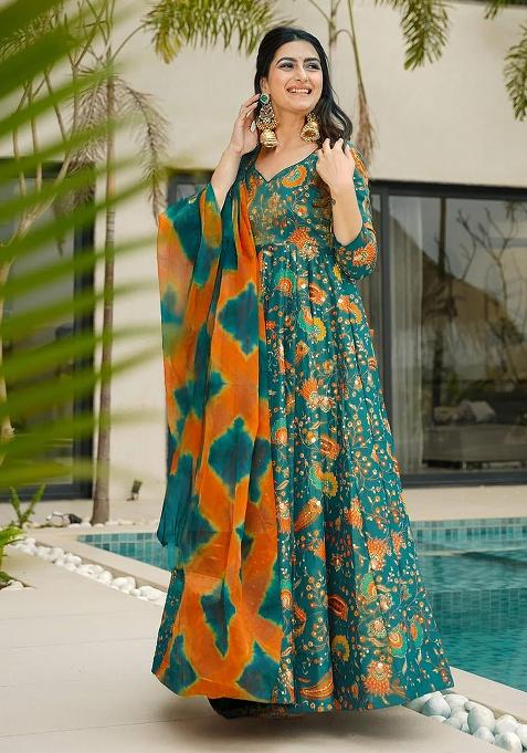 Green Digital Printed Silk Anarkali Dress With Dupatta