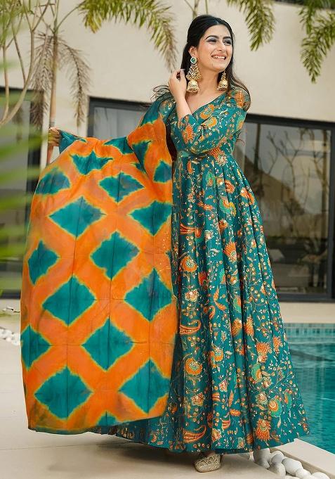Green Digital Printed Silk Anarkali Dress With Dupatta