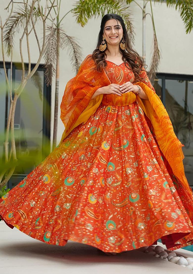 Yellow Digital Printed Silk Anarkali Dress With Dupatta