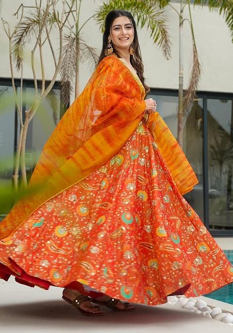 Yellow Digital Printed Silk Anarkali Dress With Dupatta