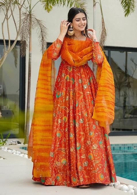 Yellow Digital Printed Silk Anarkali Dress With Dupatta