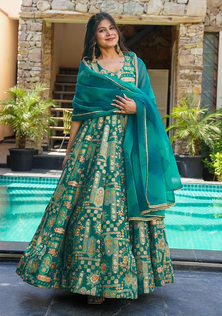 Green Digital Printed Silk Anarkali Dress With Dupatta