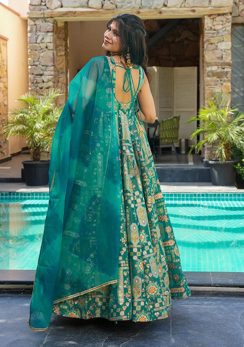 Green Digital Printed Silk Anarkali Dress With Dupatta