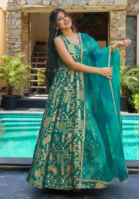 Green Digital Printed Silk Anarkali Dress With Dupatta
