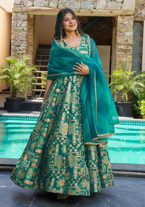 Green Digital Printed Silk Anarkali Dress With Dupatta