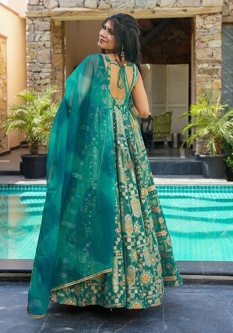 Green Digital Printed Silk Anarkali Dress With Dupatta