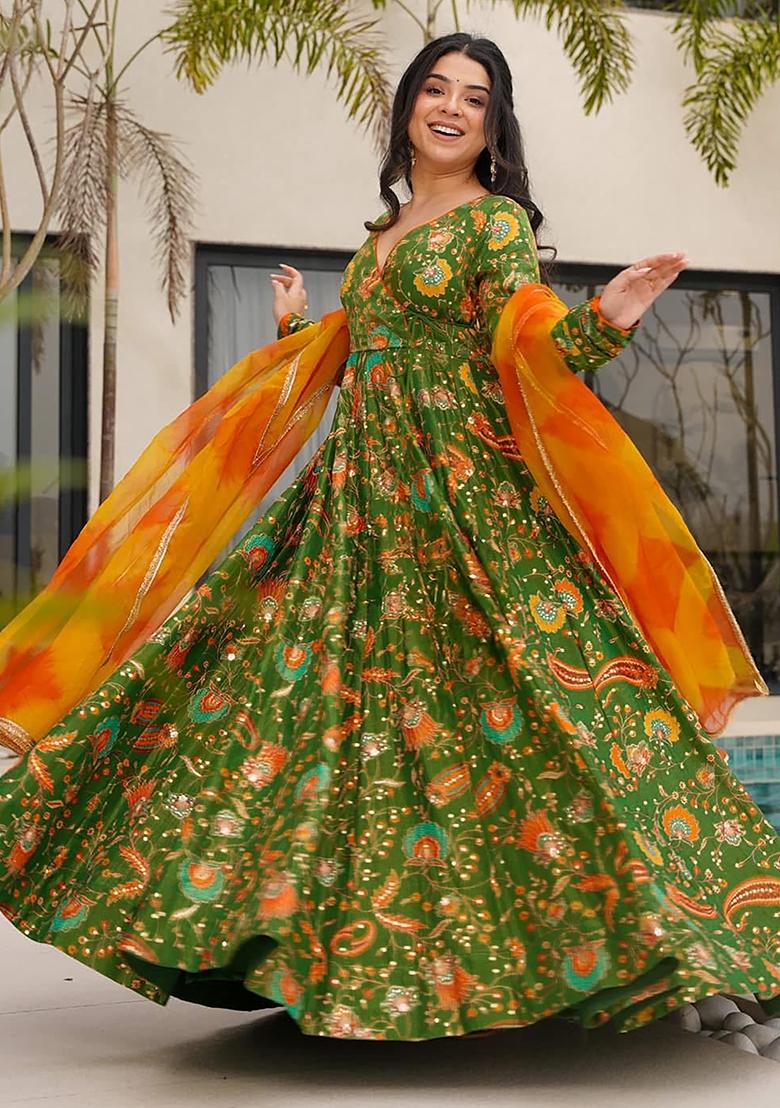 Mehndi Digital Printed Silk Anarkali Dress With Dupatta