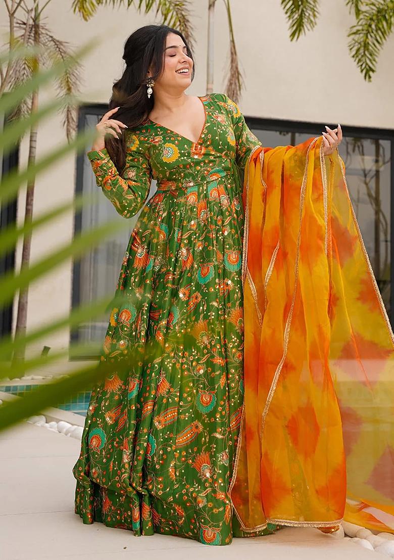 Mehndi Digital Printed Silk Anarkali Dress With Dupatta