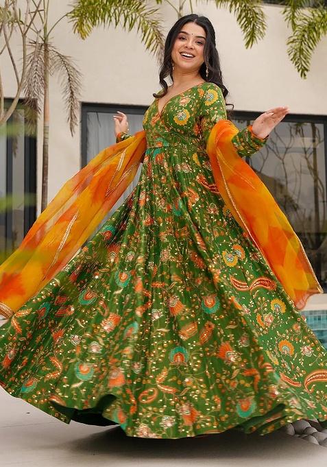 Mehndi Digital Printed Silk Anarkali Dress With Dupatta