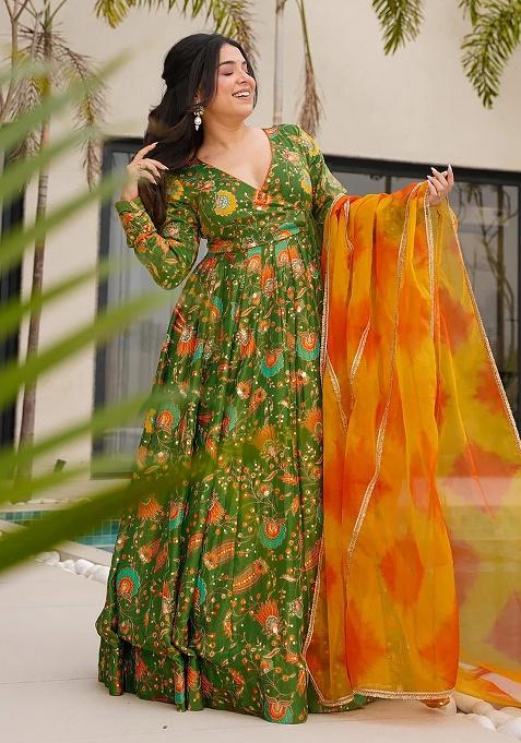 Mehndi Digital Printed Silk Anarkali Dress With Dupatta