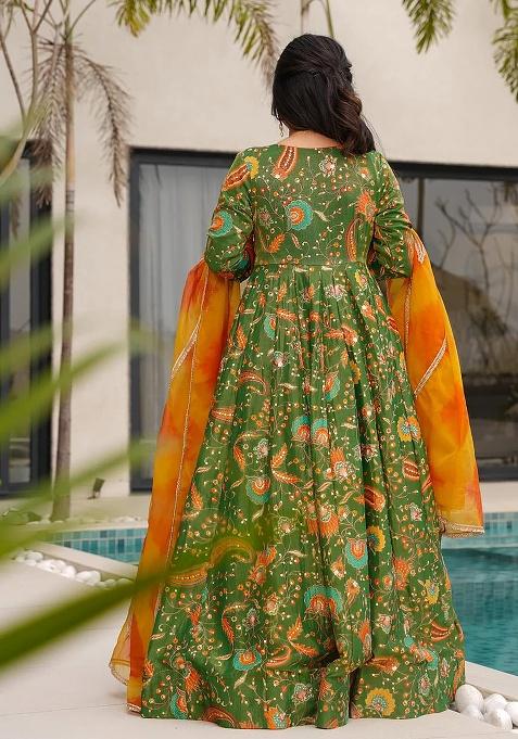 Mehndi Digital Printed Silk Anarkali Dress With Dupatta