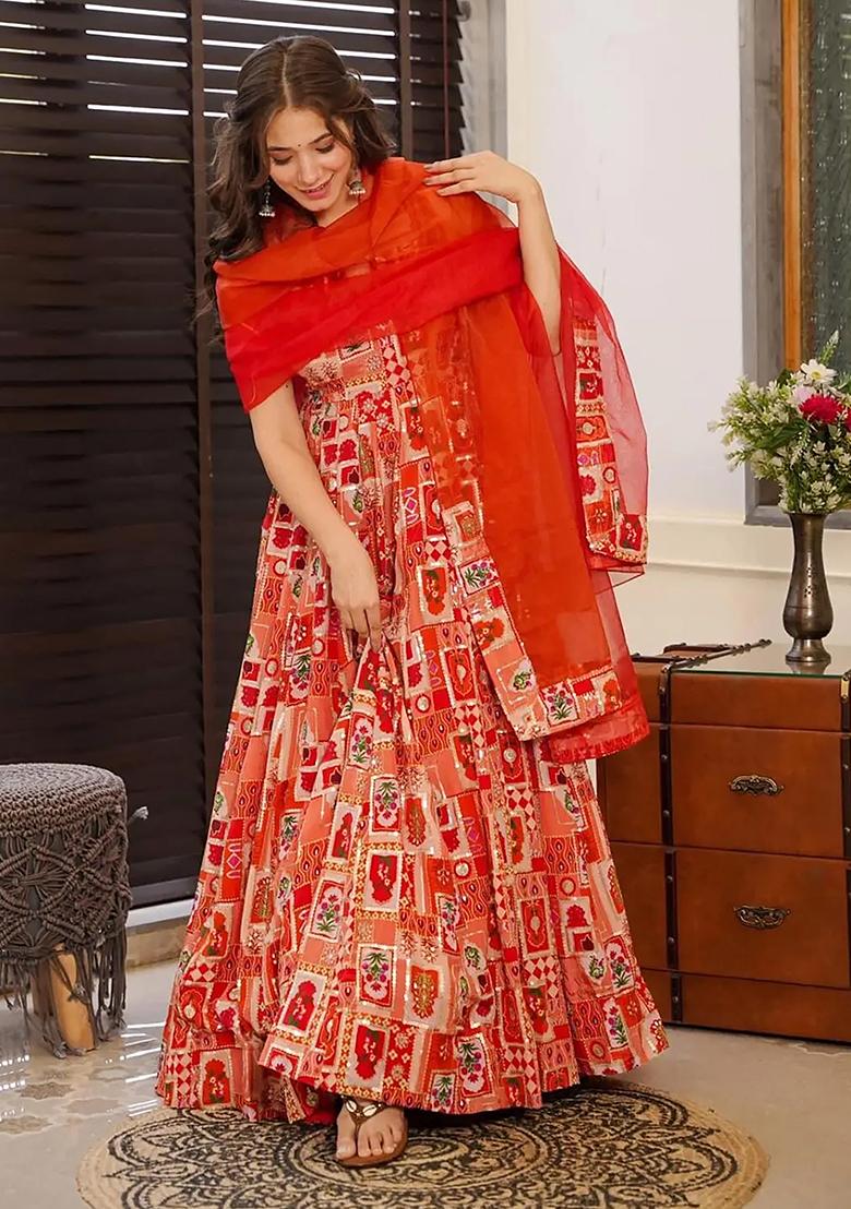 Red Digital Printed Silk Anarkali Dress With Dupatta