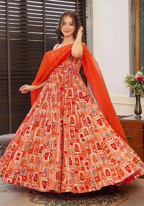 Red Digital Printed Silk Anarkali Dress With Dupatta