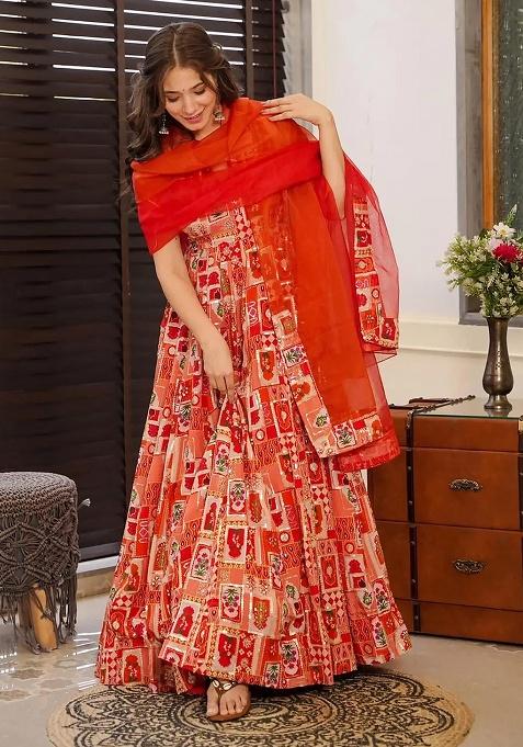 Red Digital Printed Silk Anarkali Dress With Dupatta