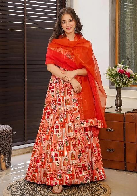 Red Digital Printed Silk Anarkali Dress With Dupatta