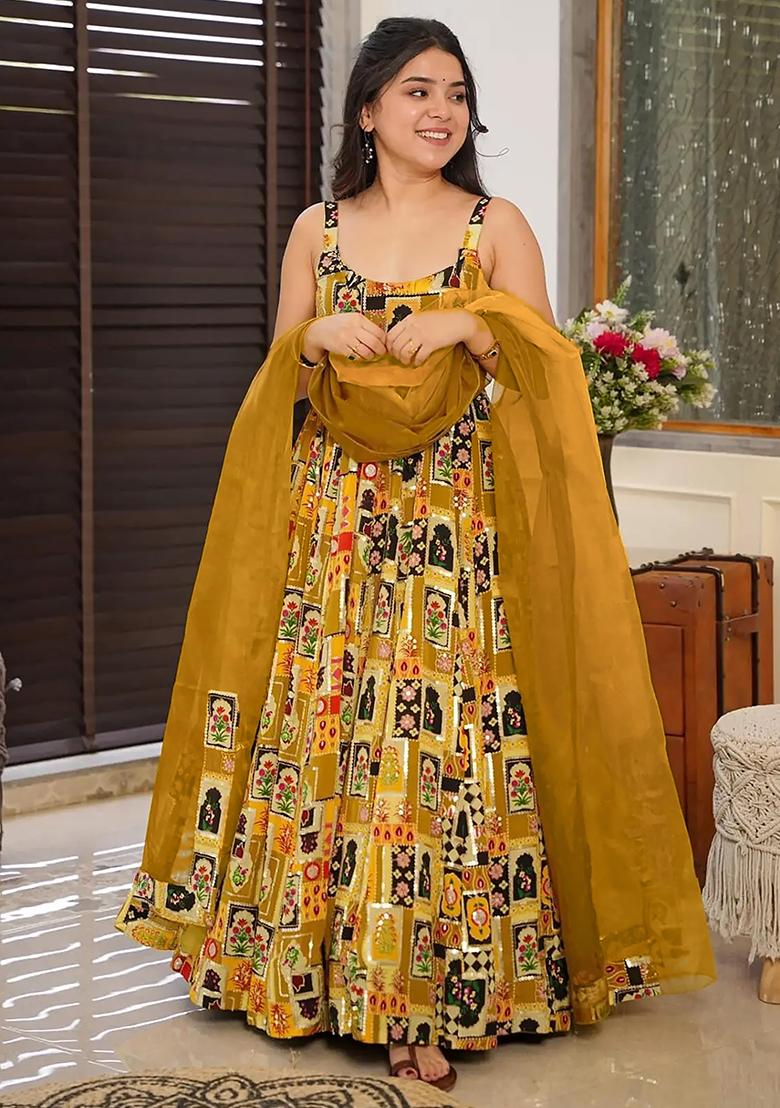 Yellow Digital Printed Silk Anarkali Dress With Dupatta