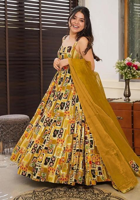 Yellow Digital Printed Silk Anarkali Dress With Dupatta