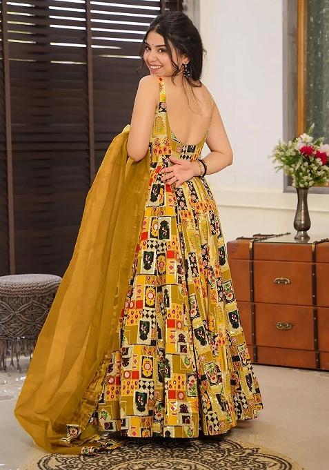 Yellow Digital Printed Silk Anarkali Dress With Dupatta