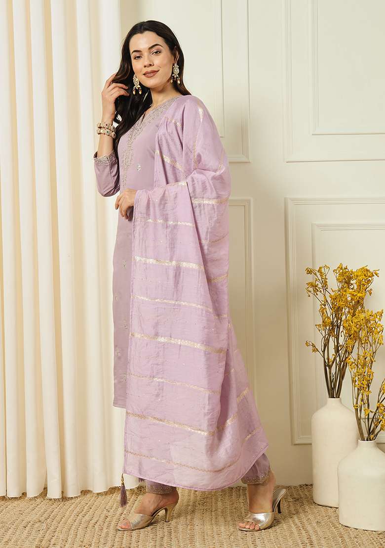 Lavender Zari Work Silk Blend Straight Kurta Set - Indya