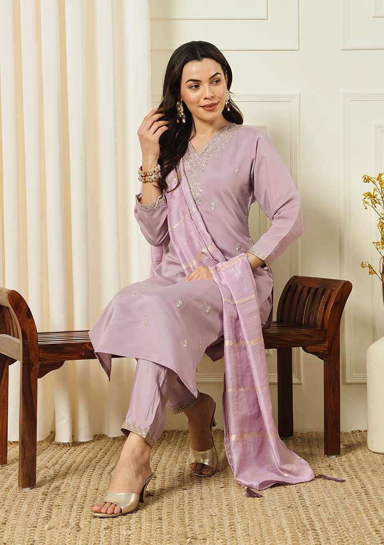 Lavender Zari Work Silk Blend Straight Kurta Set - Indya