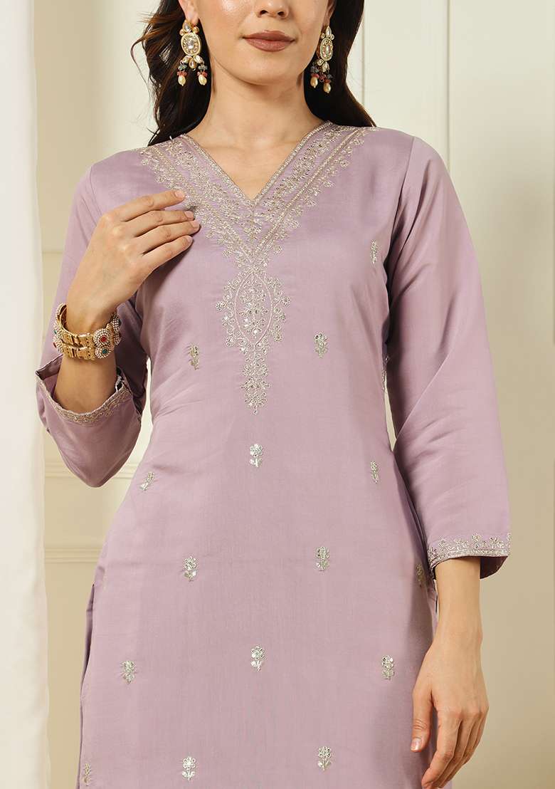 Lavender Zari Work Silk Blend Straight Kurta Set - Indya